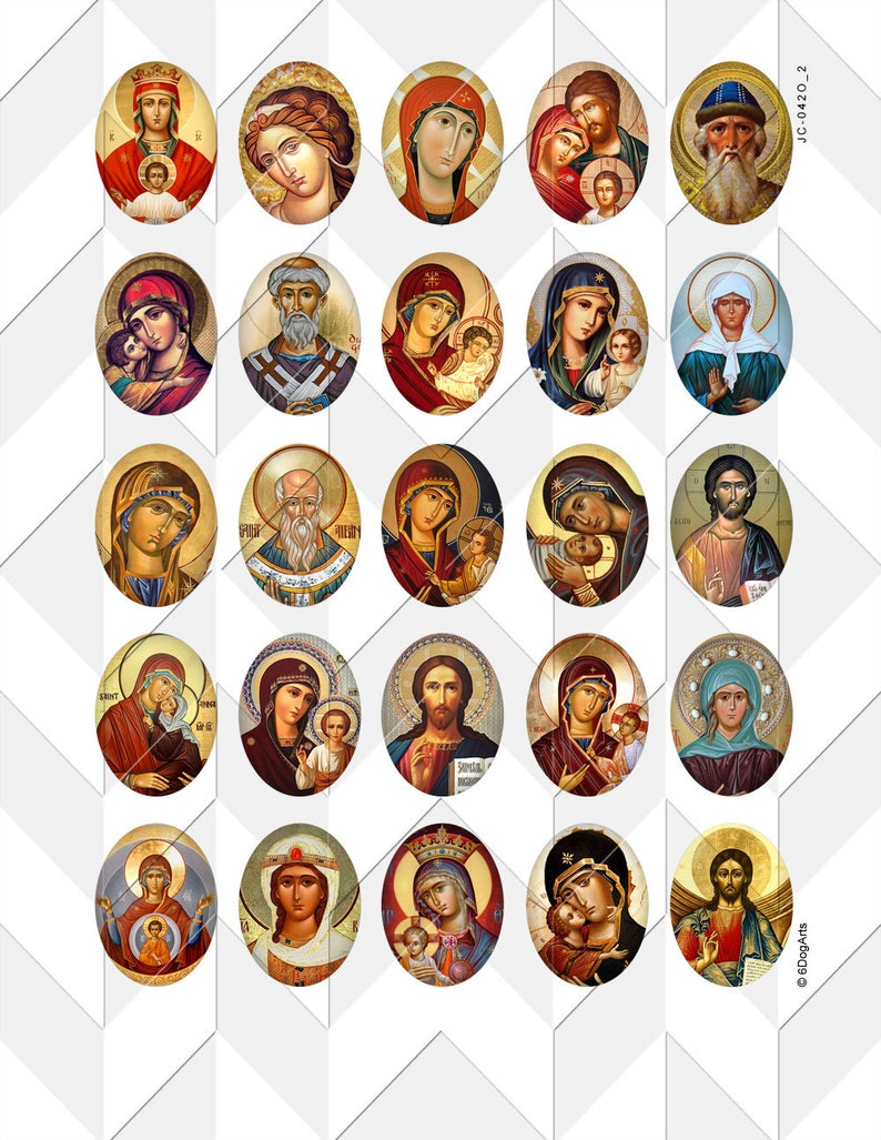 May include: A set of 25 oval-shaped, colorful, religious icons featuring various saints and biblical figures. The icons are painted in a traditional style with gold accents.