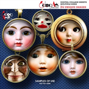 Peut inclure: Un ensemble de six feuilles de collages numériques avec des images de visages de poupées vintage dans des cadres ronds. Les images sont parfaites pour les projets de bricolage et de scrapbooking.