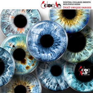 Hojas de collage digital de ojos de muñeca azules imprimibles. Iris de pupilas, cabujones de vidrio, colgantes, círculos de 1,5", 1,25", 30 mm y 1", 25 mm. JC-353