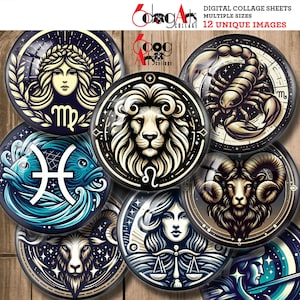 Folhas de colagem digital de horóscopo do zodíaco para impressão, download para pingentes de cabochões de vidro, artesanato, círculos de 1,5, 1,25, 1 polegada, 30, 25 mm JC-469C