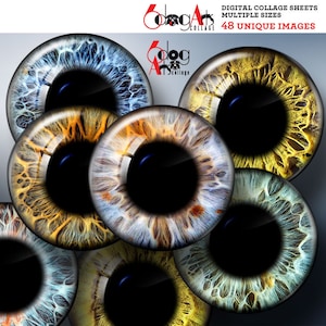 Può includere: Un set di otto fogli di collage digitale che presentano immagini ravvicinate di occhi umani colorati. Gli occhi sono di varie tonalità di blu, verde, marrone e giallo. I fogli di collage digitale sono disponibili in più dimensioni e includono 48 immagini uniche.