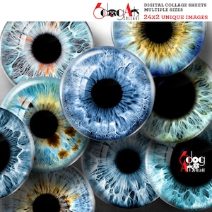 May include: Close-up of a collage sheet with 24 unique images of blue eyes. The eyes are all different shades of blue and have different patterns in the iris. The images are perfect for digital scrapbooking, card making, and other craft projects.