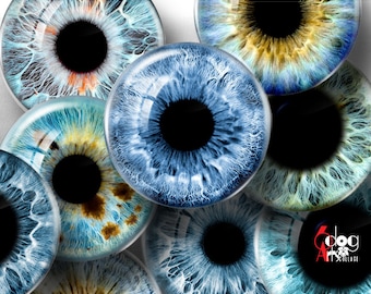 Blue Doll Blythe Eyes Digital Collage Sheets Printable Pupils Irides Cabochons Pendants 20mm 18mm 16mm 14mm 12mm 10mm 8mm 6mm Circles JC-353