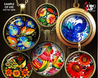 Ukrainian Folk Art Digital Collage Sheets Printable Images Bottle Cap Pendant Scrapbooking 40mm, 1.5", 1.25", 1", 30mm, 25mm Circles JC-043