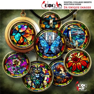 Stained Glass Digital Collage Sheets Printable Images Pendants Glass Cabochons Scrapbooking 20mm, 18mm, 16mm, 14mm, 12mm Circles JC-438C