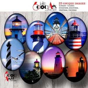 May include: Set of 9 round, colorful, printed images featuring lighthouses. The images are 30mm, 22mm, 18mm, and 13mm in diameter.