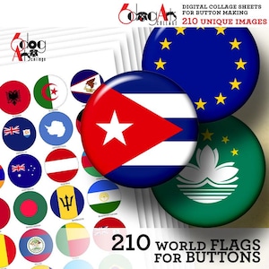 210 World Flags Digital Collage Sheets Printable Download 1.375&quot; Circles for 1&quot; Buttons JC-363B