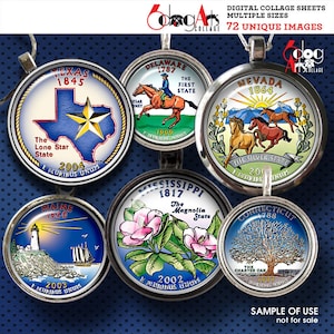 US State Coins Digital Collage Sheets Printable Downloads for Mini Bottle Caps Pendants Paper Crafts 20mm, 18mm, 16mm, 14mm Circles JC-092