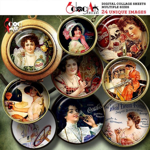 vintage Coca Cola Ad Girls Feuilles de collage numérique Images imprimables Télécharger Boucles d’oreilles Pendentifs 20mm, 18mm, 16mm, 14mm, 12mm Cercles JC-345C