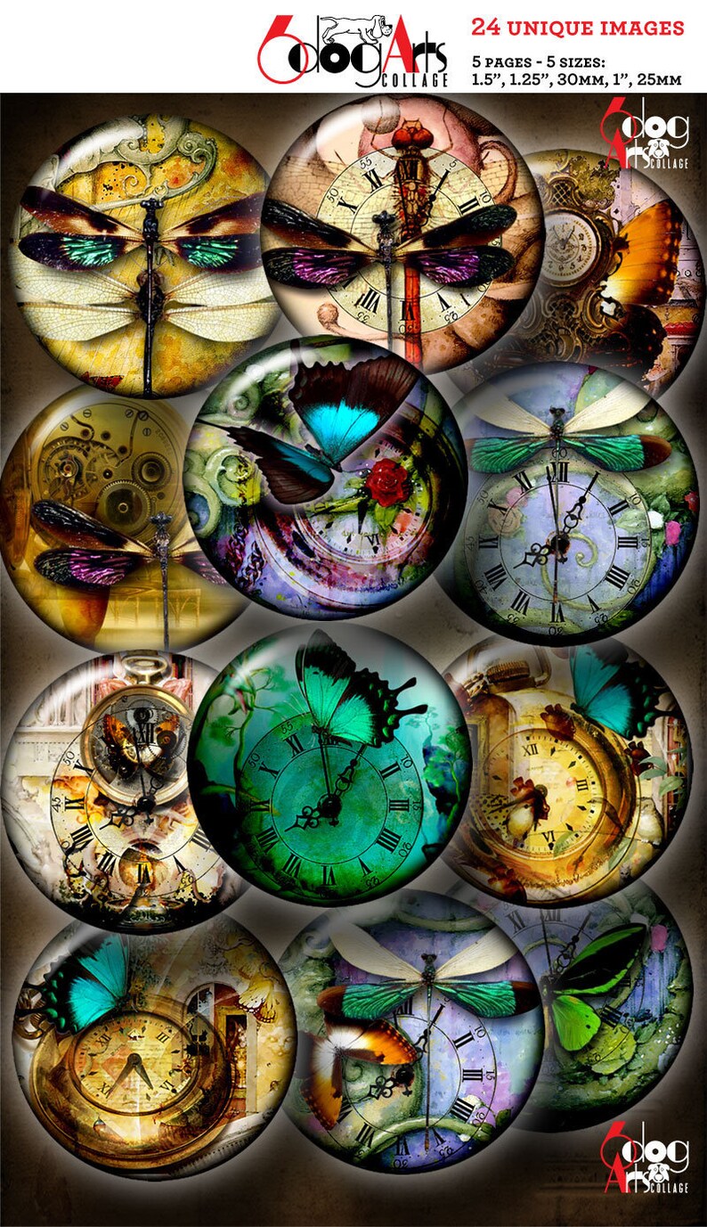 Steampunk Dream Digital Collage Sheets Printable Download Bottle Caps Pendants Paper Crafts 1.5, 1.25, 1, 30mm, 25mm Circles JC-369C image 2