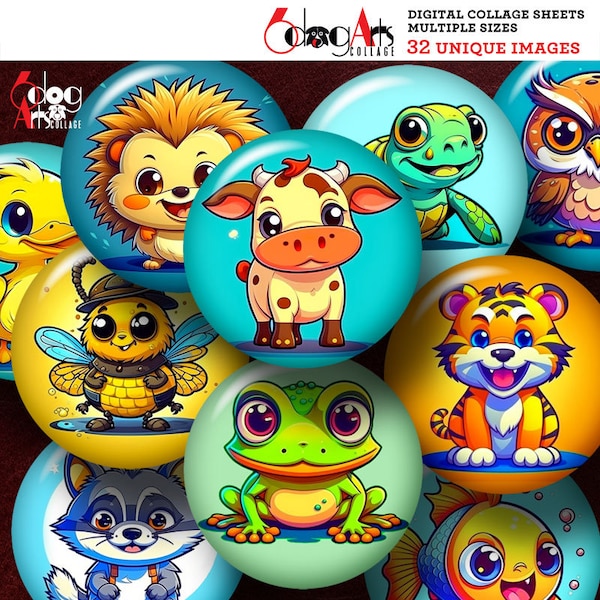 Cartoon Animals Digital Collage Sheets Printable 2.755", 1.85", 1.629", 1.375" Circles for 2.25", 1.5", 1.25" Buttons JC-454B