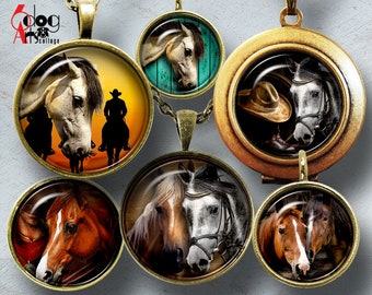 Horses Digital Collage Sheets Printable Downloads for Mini Bottle Caps Pendants Cabochons Crafts 20mm, 18mm, 16mm, 14mm, 12mm Circles JC-050