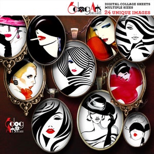 Mode Digital Collage Sheets Printable Download für Anhänger Cabochons Papiermodelle 30 x 40 mm, 22 x 30 mm, 18 x 25 mm, 13 x 18 mm Ovale JC-206O