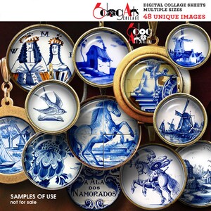 Delftware Ceramic Tiles Digital Collage Sheets Printable Downloads for Mini Bottle Caps Pendants Crafts 20, 18, 16, 14, 12mm Circles JC-061