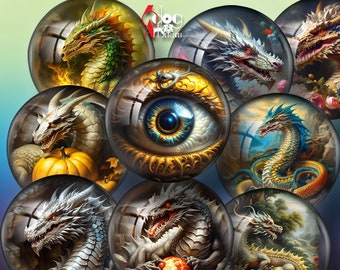 Dragon Digital Collage Sheets Dragon Eyes Printable Images Download for Crafts Scrapbooking 1.5", 1.25", 30mm, 1", 25mm Circles JC-448C