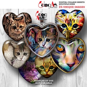 Peinture de chat, feuilles de collage numérique à imprimer, téléchargement - Pendentifs Cabochons Scrapbooking Bijoux Fournitures 1,5 x 1,5 et 1 x 2,5 cm Coeurs JC-002H