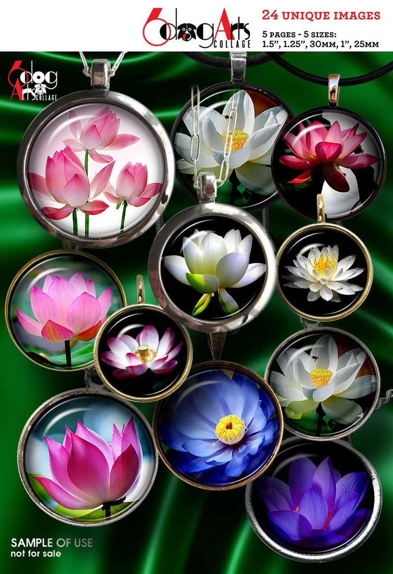Lotus Flower Digital Collage Sheets Printable Download for Bottle Caps Pendants Paper Crafts 1.5", 1.25", 1", 30mm, 25mm Circles