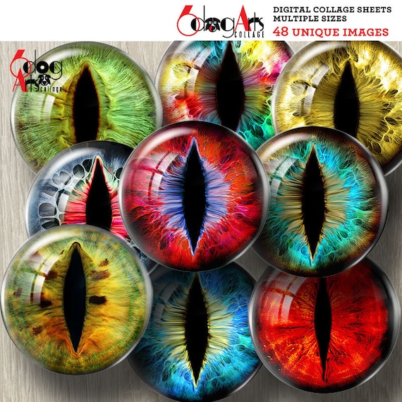 48 Creature Cat Dragon Eyes Digital Collage Sheets Printable Irides Doll  Making Crafts 40mm, 1.5, 1.25, 1, 30, 25mm Circles JC-090 