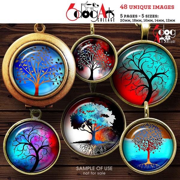 48 Tree of Life Digital Collage Sheets Printable Download for Cabochons Earrings Rings 20mm, 18mm, 16mm, 14mm, 12mm Circles JC-242C