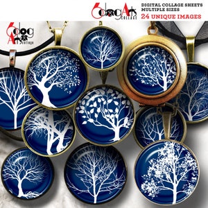 Tree Silhouettes Digital Collage Sheets Printable Downloads for Bottle Caps Pendants Crafts 1.5&quot;, 1.25&quot;, 1&quot;, 30mm, 25mm Circles JC-073C