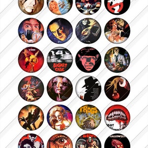 May include: A collection of 25 round pinback buttons featuring horror movie imagery. The buttons showcase various movie posters and character portraits, with a variety of colors and designs. The buttons are arranged in a grid pattern.