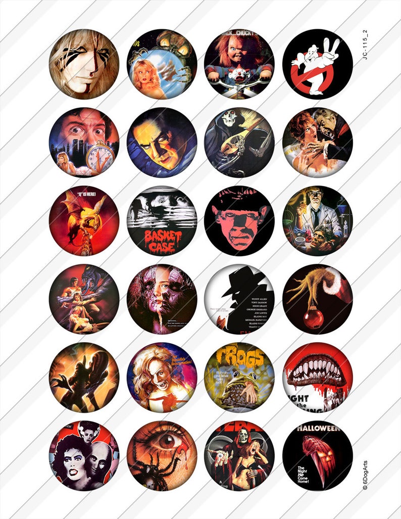 May include: A collection of 25 round pinback buttons featuring horror movie imagery. The buttons showcase various movie posters and character portraits, with a variety of colors and designs. The buttons are arranged in a grid pattern.
