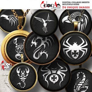 May include: A set of eight digital collage sheets featuring black and white images of various animals and designs. The images include a hummingbird, a dragon, a spider, a scorpion, and an eagle. The images are perfect for creating unique and personalized crafts.