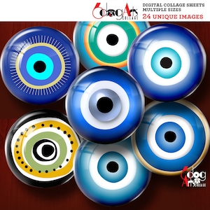 Hojas de collage digital imprimibles con símbolo griego de protección contra el mal de ojo, descarga instantánea, chips de iris, joyería, círculos de 20 mm a 6 mm, JC-476