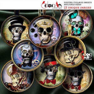 May include: Twelve digital collage sheets featuring steampunk skull designs with various accessories, including top hats, goggles, and pipes. The images are in a circular format and have a vintage aesthetic.