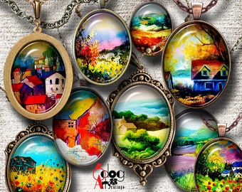 Paintings Digital Collage Sheets Printable Download - Pendants Cabochons Paper Crafts 30x40mm, 22x30mm, 18x25mm, 13x18mm Ovals JC-052O