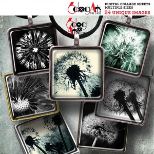 Dandelions 1.5&quot;, 1&quot;, 30mm, 15mm Squares and Scrabble Tiles Digital Collage Sheets Printable Download for Pendants Glass Cabochons JC-221S