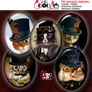 Digitala collageark med steampunk-katt, utskrivbara, nedladdningsbara, hängen, cabochoner, hantverk, 30 x 40 mm, 22 x 30 mm, 18 x 25 mm, 13 x 18 mm, ovaler JC-410