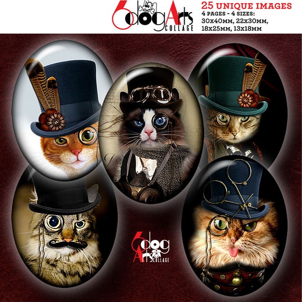 Steampunk Cat Digital Collage Sheets Téléchargement imprimable Pendentifs Cabochons Artisanat 30x40mm, 22x30mm, 18x25mm, 13x18mm Ovales JC-410