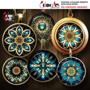 Golden Mandala Digital Collage Sheets Printable Download for Cabochons Pendants Crafts 20mm 18mm 16mm 14mm 12mm 10mm 8mm Circles JC-040C