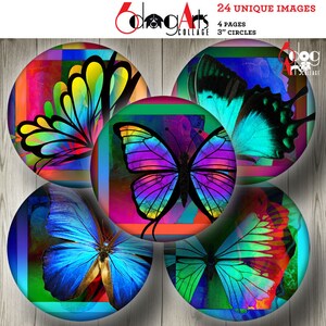 Abstract Butterflies Digital Collage Sheets 3&quot; Circles Printable Instant Download for Coasters Paper Crafts Scrapbooking JC-120