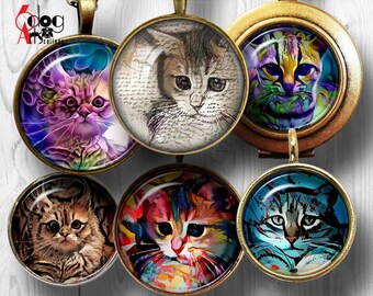 Cat Painting Digital Collage Sheets Printable Downloads for Bottle Caps Pendants Paper Crafts 1.5, 1.25, 1 inch, 30, 25mm Circles JC-002C