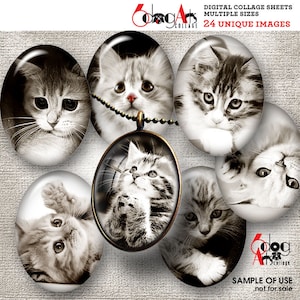 Folhas de colagem digital Sepia KIttens para impressão, download para pingentes, cabochões, artesanato em papel, 30 x 40 mm, 22 x 30 mm, 18 x 25 mm, 13 x 18 mm, ovais JC-155O