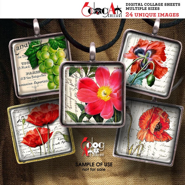 Vintage Flowers Digital Collage Sheets Printable Download for Pendants Glass Cabochons 1.5", 1", 30mm, 25mm, 15mm Squares JC-119S