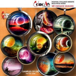 May include: A set of 48 digital collage sheets featuring unique images of planets and moons in various colors and settings. The images are perfect for adding a touch of space to your crafts and projects.