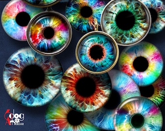 Rainbow Eyes Digital Collage Sheets Printable Realistic Irises Download 1.5" 1.25" 30mm 1" 25mm Circles JC-489