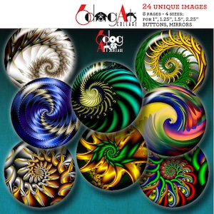 May include: Eight colorful round images with a spiral pattern. The images are in shades of green, blue, yellow, red, and white. The images are for use with 1 inch, 1.25 inch, 1.5 inch, and 2.25 inch buttons and mirrors.