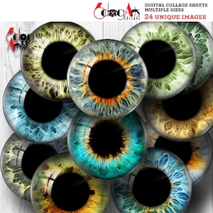 May include: A set of 10 digital collage sheets featuring colourful eye illustrations. The eyes are various shades of blue, green, brown, and yellow. The images are perfect for crafting, scrapbooking, and digital art projects.