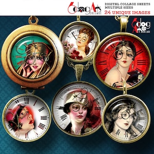 Steampunk Beauties Digital Collage Sheets Printable Downloads for Bottle Caps Pendants Crafts 1.5&quot;, 1.25&quot;, 30mm, 1&quot;, 25mm Circles JC-265