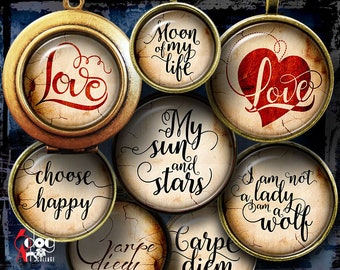 Love Quotes Digital Collage Sheets Printable Download Mini Bottle Caps Pendants Glass Cabochons 20mm, 18mm, 16mm Circles JC-264