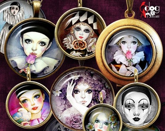 Pierrot Harlequin Colombina Digital Collage Sheets Printable Download for Bottle Caps Pendants 1.5, 1.25, 1 inch, 30, 25mm Circles JC-127