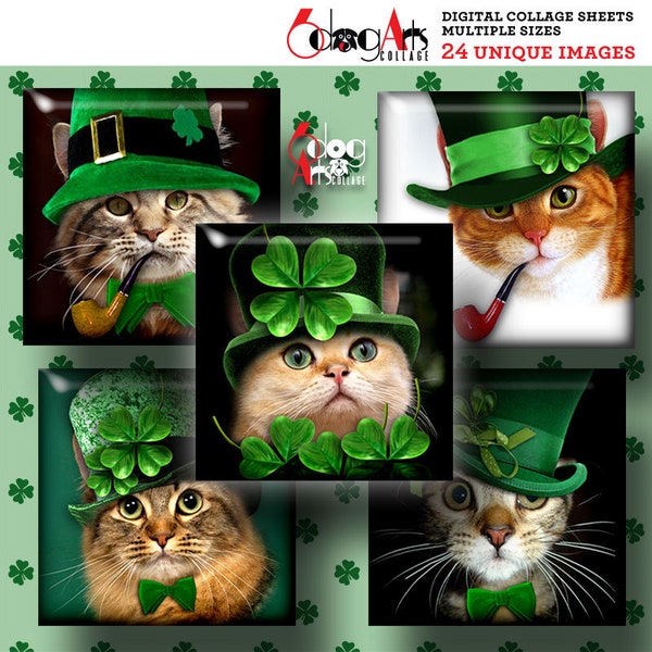 St Patrick's Cat - 1.5", 1" Square and Scrabble Ties Digital Collage Sheets Printable Images for Pendants Scrapbooking JC-385S