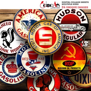 Vintage Signs Digital Collage Sheets Printable Download Bottle Caps Cabochons Scrapbooking 40mm, 1.5&quot;, 1.25&quot;, 1&quot;, 30mm, 25mm Circles JC-098C