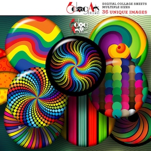 Rainbow Swirls Digital Collage Sheets Printable Download Bottle Caps Pendants Scrapbooking Crafts 1.5&quot; 1.25&quot; 1&quot; 30mm 25mm Circles JC-251C