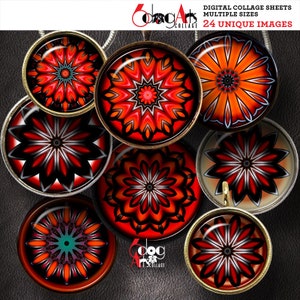 Scarlet Mandala Digital Collage Sheets Printable Download Bottle Caps Pendants Paper Crafts 1.5&quot;, 1.25&quot;, 1&quot;, 30mm, 25mm Circles JC-368