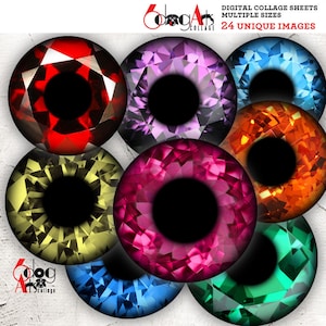 Diamond Gemstone Eyes Digital Collage Sheets Printable Doll Eye Irides Download Mini Bottle Caps Pendants Crafts 20mm to 5mm Circles JC-080